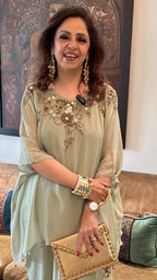 Beautiful Sage Green Georgette Hand Embroidered Top With Drape Skirt