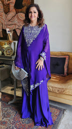 Beautiful  Purple  3 piece set with hand embroidered, mirror & thread work organza cape, Satin top and bottom