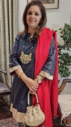 Dark Blue Denim Plain Shirt With Hand Embroidered Bottom With Organza Dupatta