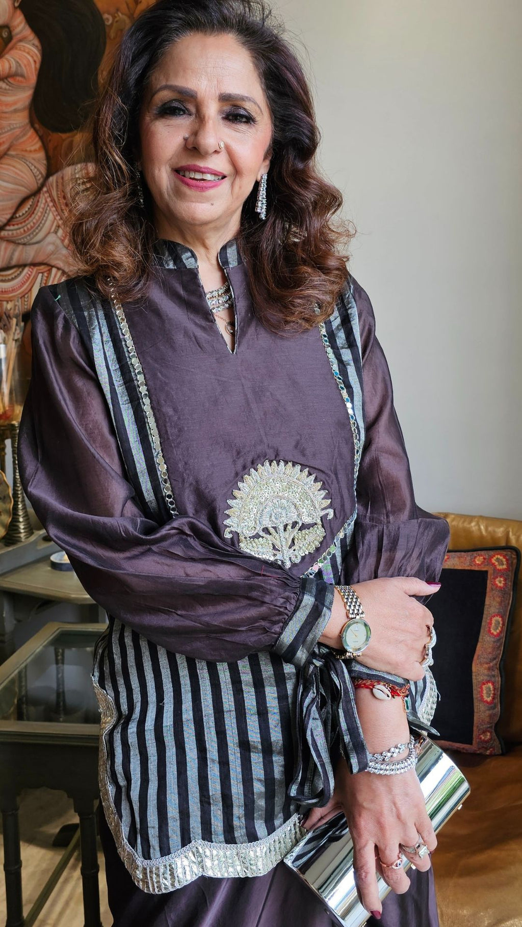 Dark Purple Silk Tissue Top with Hand Embroidered Zardosi Motif and Satin Drape Skirt