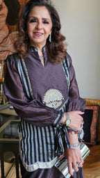 Dark Purple Silk Tissue Top with Hand Embroidered Zardosi Motif and Satin Drape Skirt
