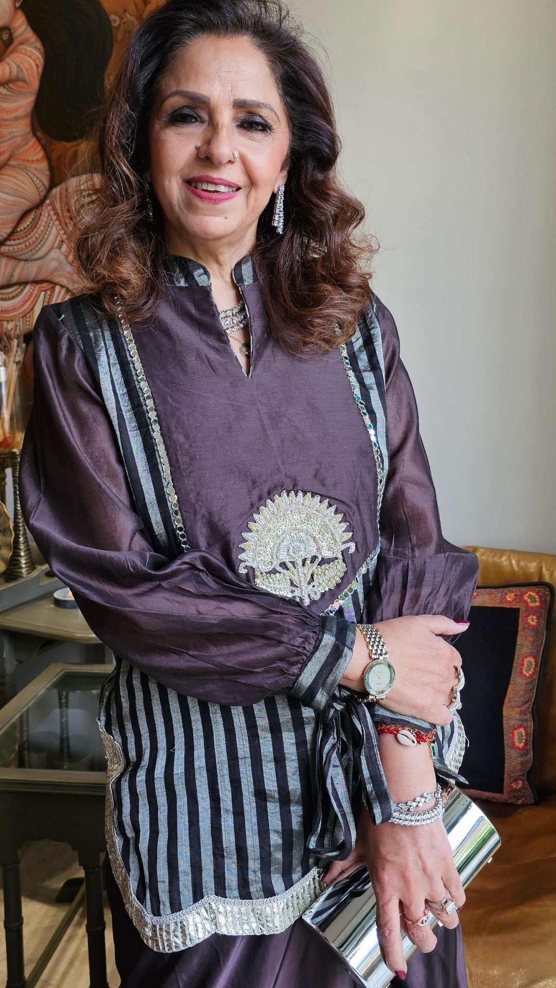 Dark Purple Silk Tissue Top with Hand Embroidered Zardosi Motif and Satin Drape Skirt
