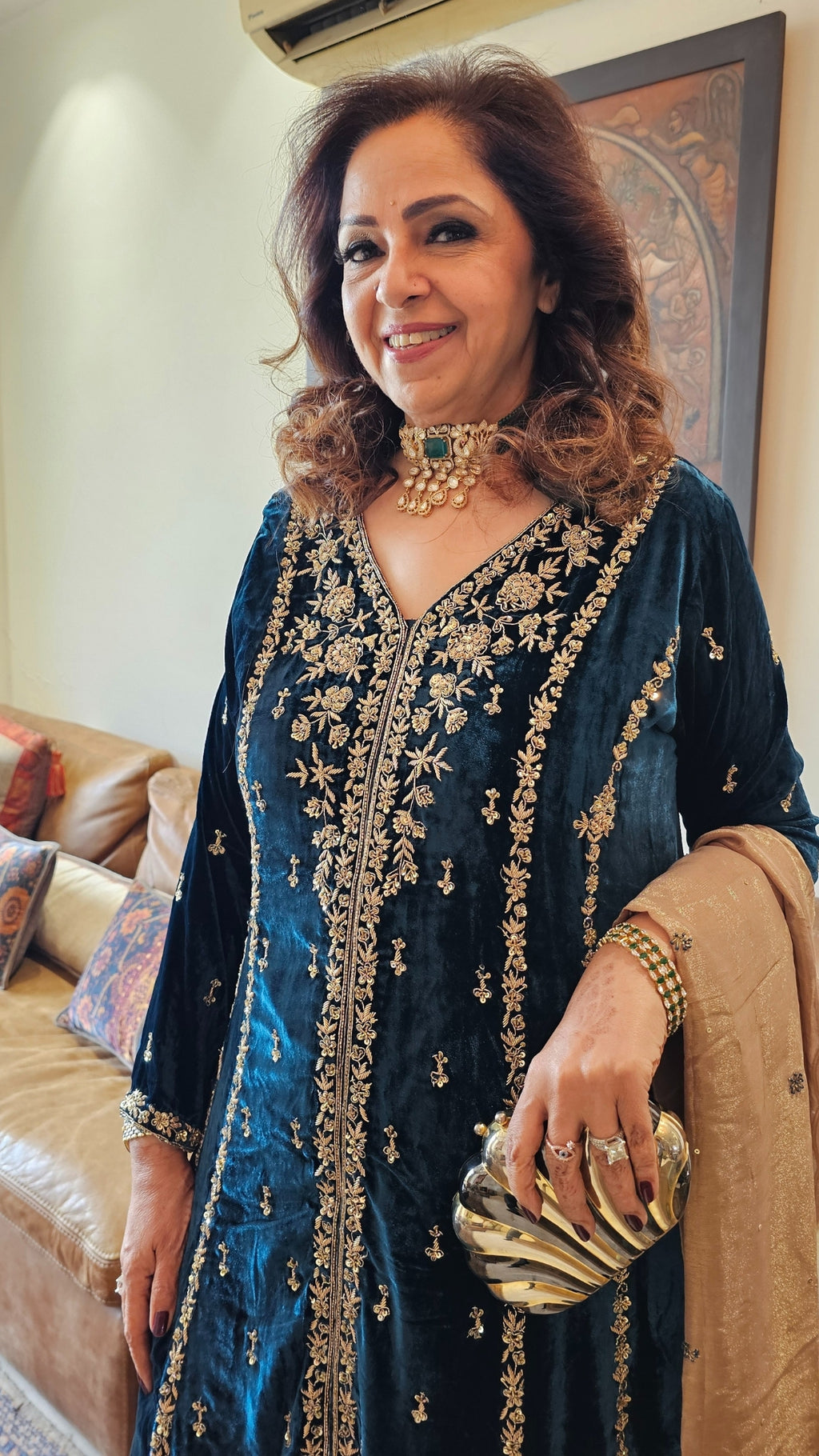 Gorgeous Plush Emerald Silk Velvet Top and Bottom with Hand Embroidery, Dabka work with Tissue Dupatta