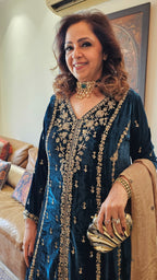 Gorgeous Plush Emerald Silk Velvet Top and Bottom with Hand Embroidery, Dabka work with Tissue Dupatta