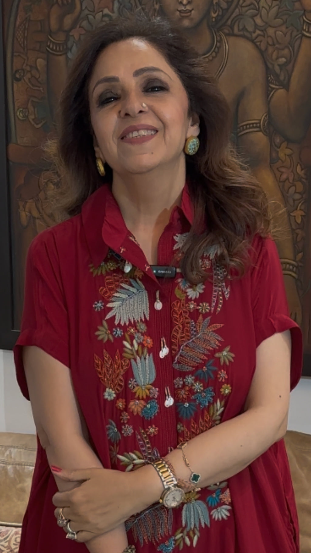 Red Comfortable and Elegant Crepe Outfit With Fusion Multicoloured Embroidery Top With Pockets Teamed With Smart Pants