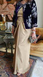 Beautiful Navy Blue 3 Piece Formal Outfit in Tissue Drape Skirt and Tissue Bustier With A Short Velvet Jacket Complete With Hand Embroidery