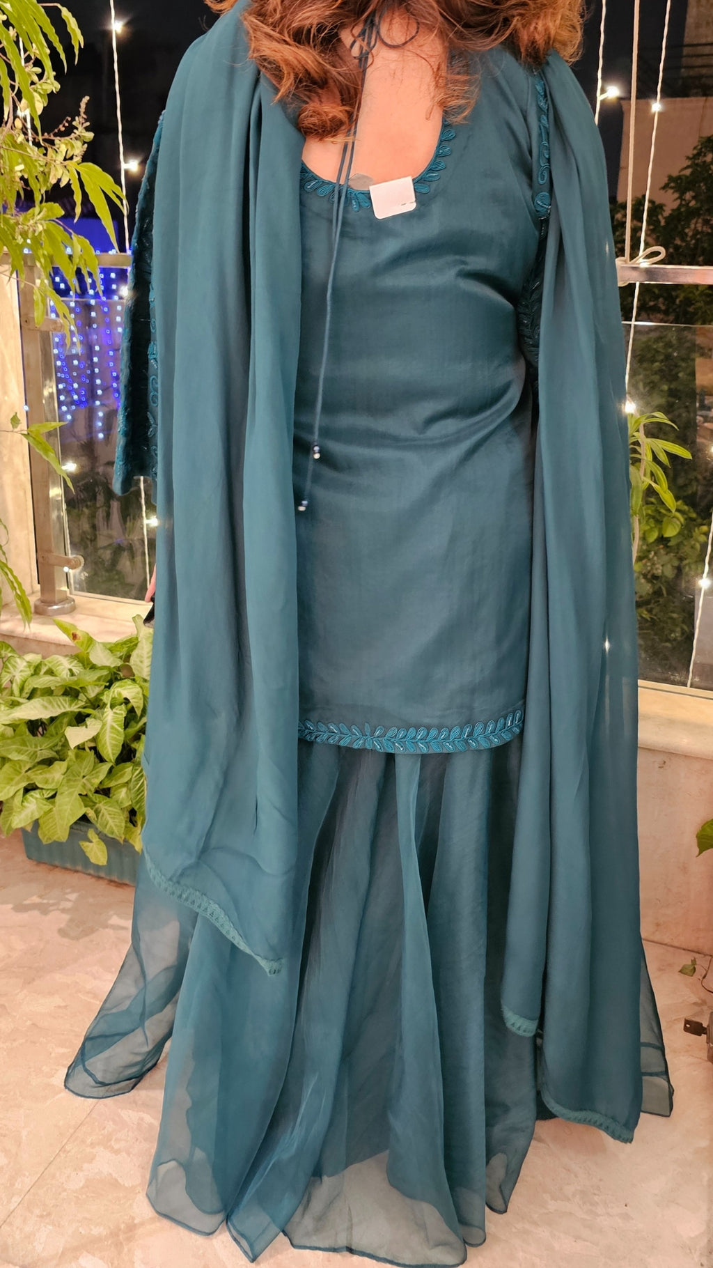 Teal Blue Gharara 3 Piece Set in Pure Organza With Dori Embroidery and Handwork