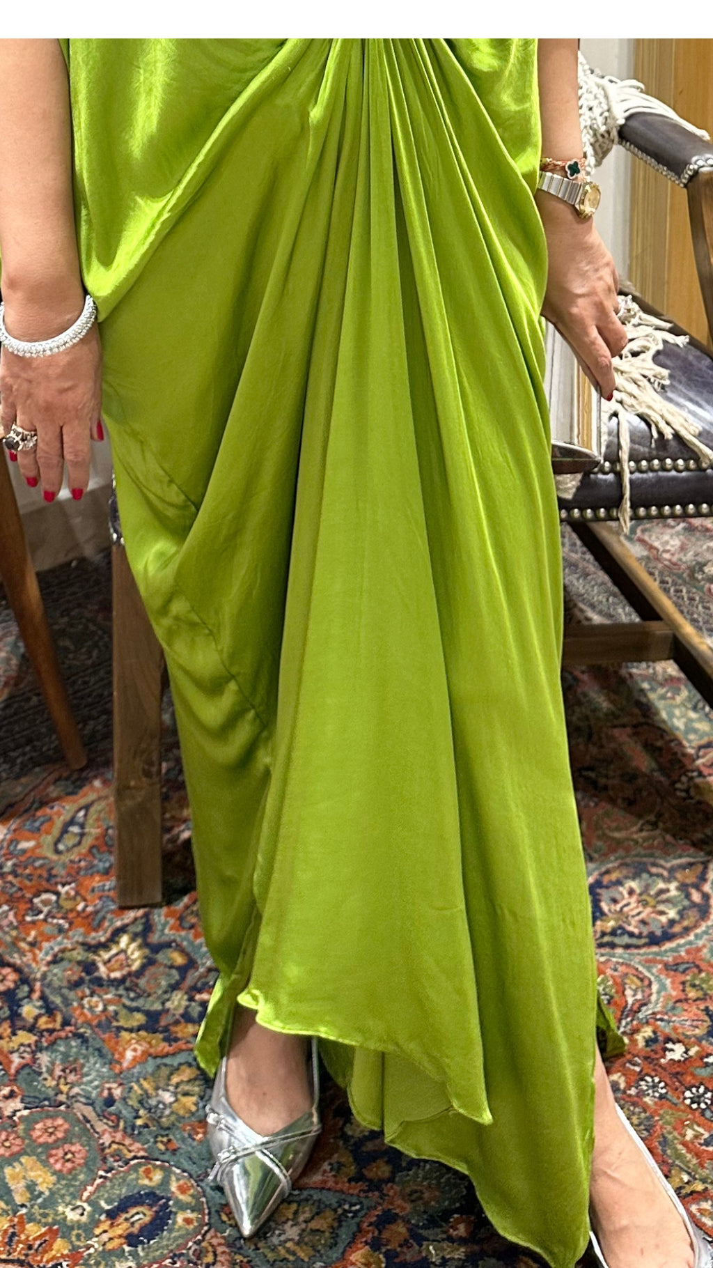 Gorgeous Parrot Green Satin Drape Dress