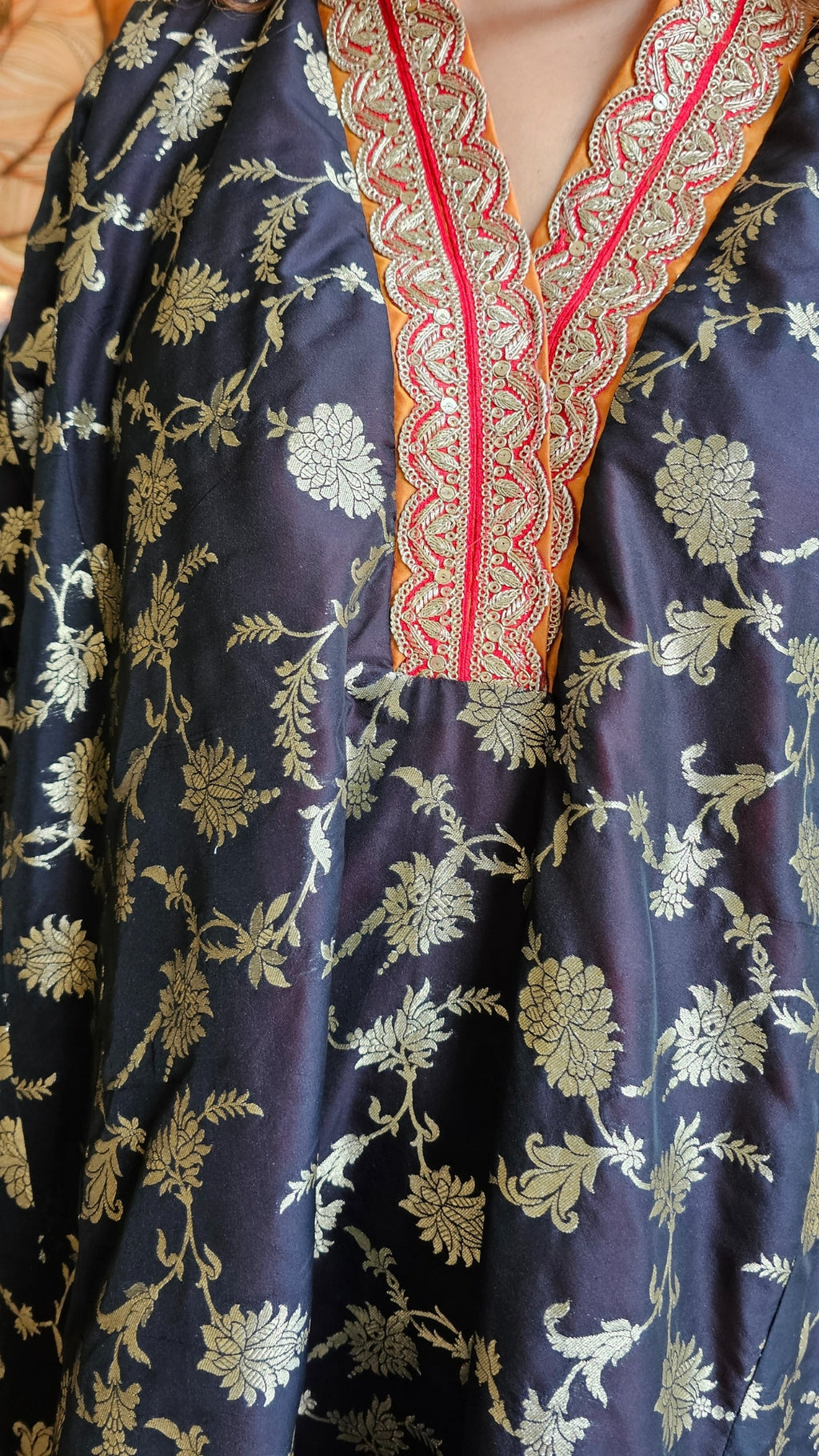 Fusion of Tissue and Banarasi Silk Kurta in Banarasi Silk Jaal With Silk Tissue Bottom in Contrasting Red With Embroidered Poncha