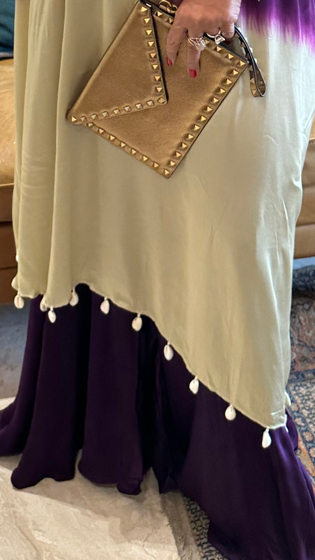 Purple and Beige Satin Shirt in Tie n Dye Yoke and Solid Color Bottom Embellished With Hand Embroidery Elaborate Neck