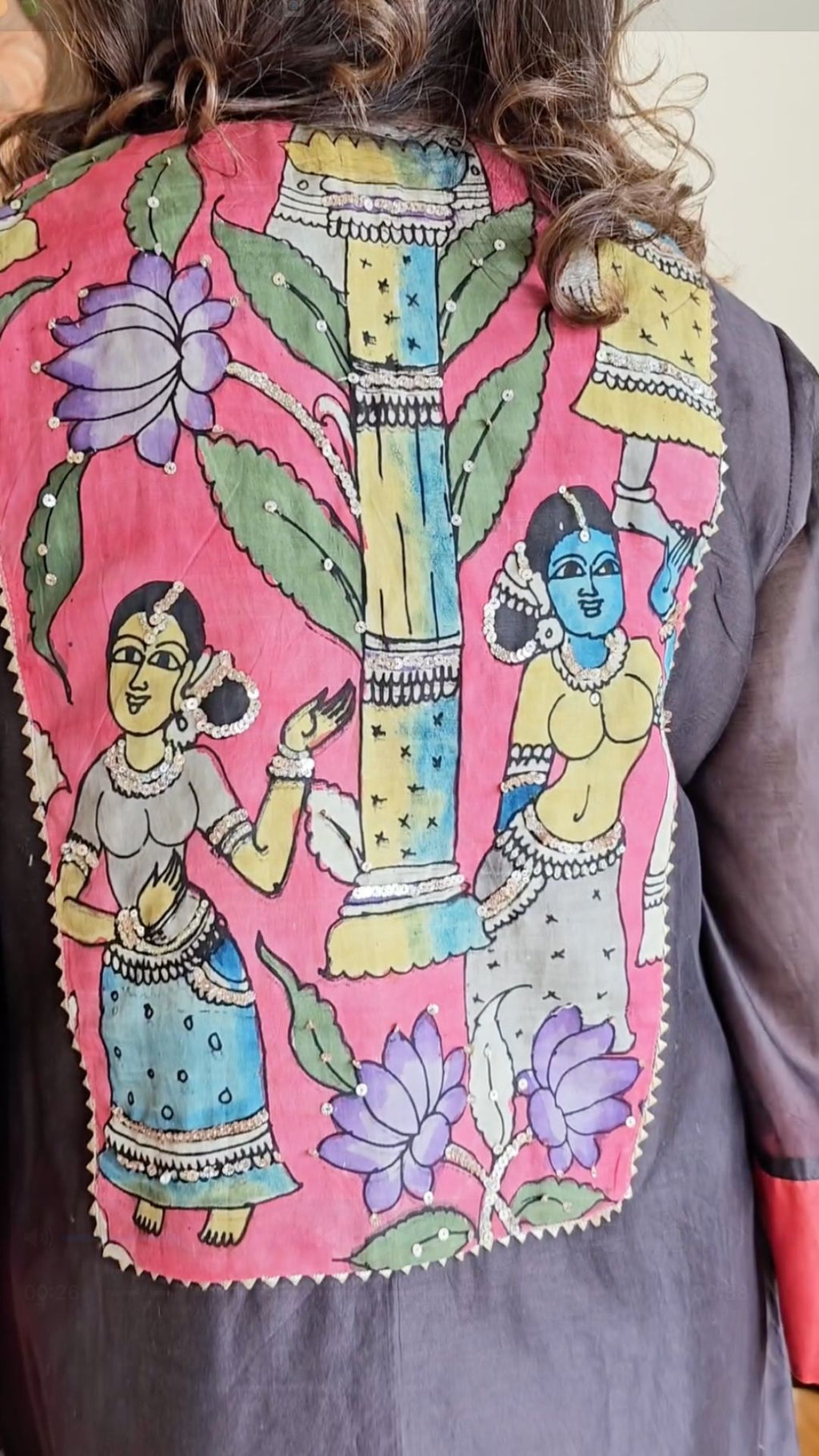 Deep Purple and Red Chanderi Silk One Piece With Hand Painted Kalamkari Embroidered Work Front and Back