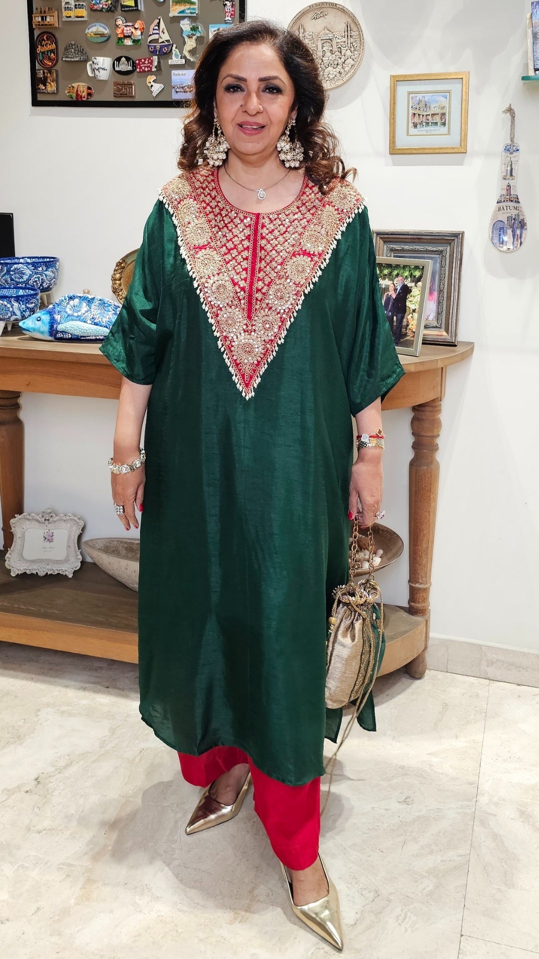 Gorgeous Contrasting Silk With Hand Embroidered Yoke