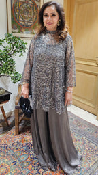 Beautiful Bead Work Top Teamed With Satin Flared Pants & Satin Inner