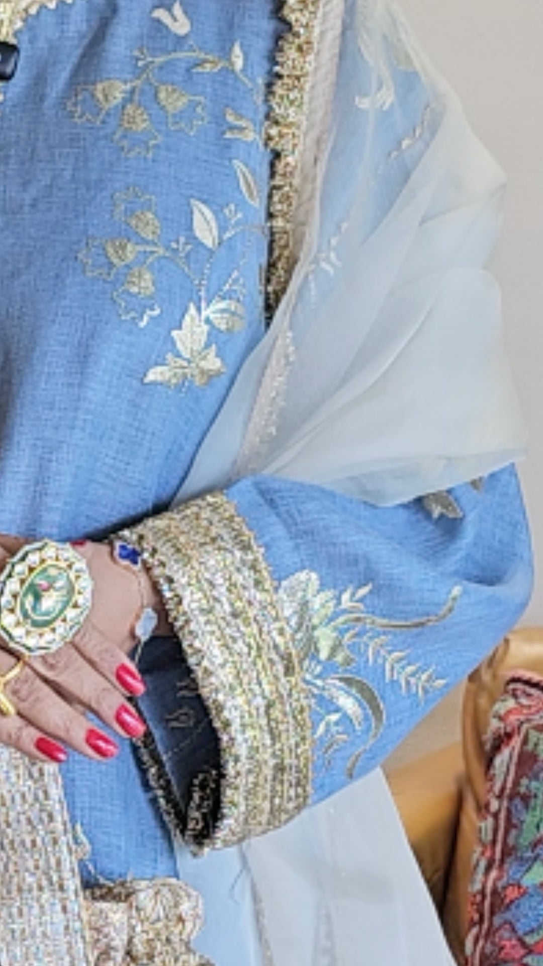 Ice Blue Linen Embroidered Top With Linen Bottom and Organza Dupatta