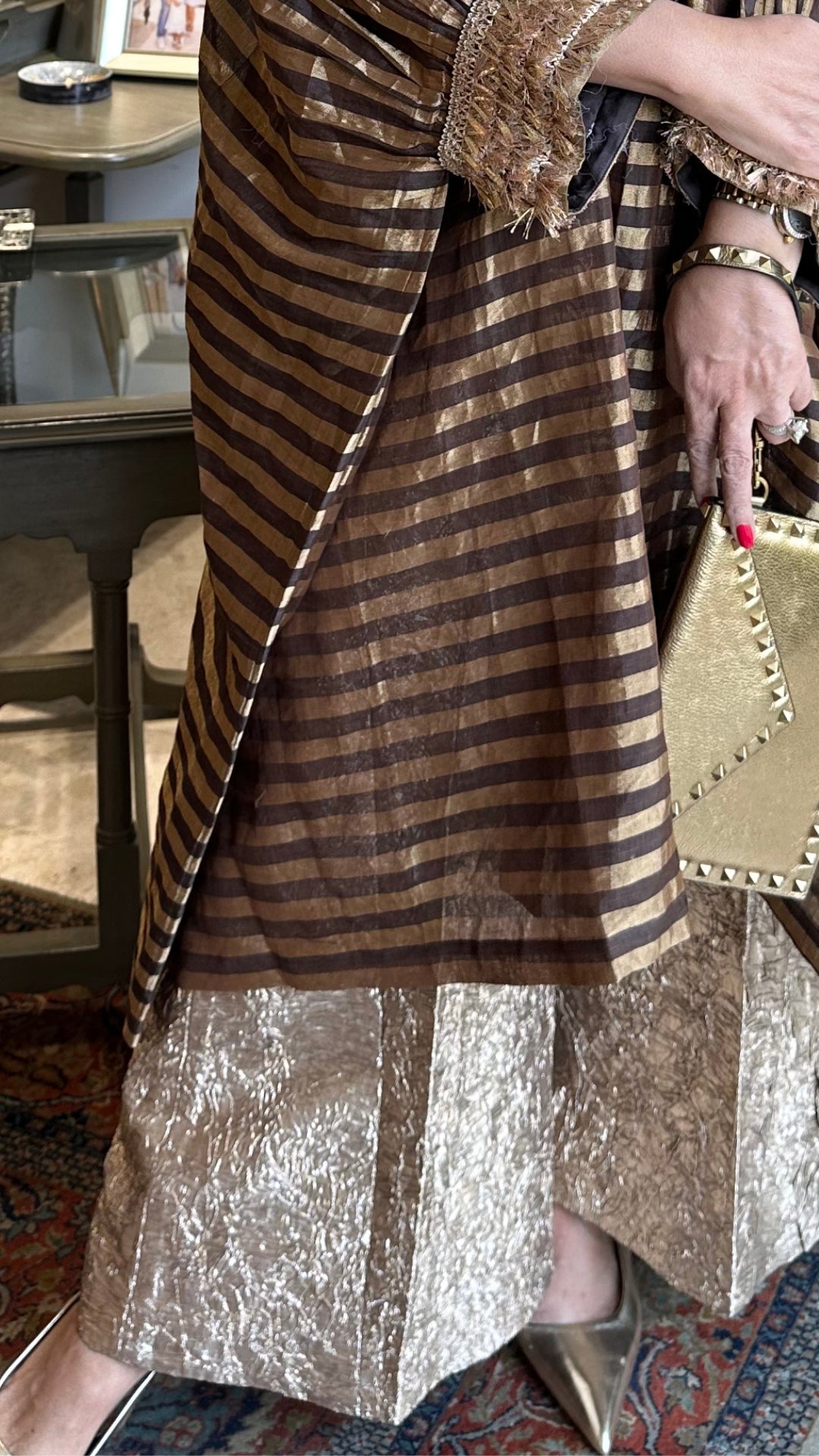 Brown tissue top with banasari Silk Bottom With Gota Kinari Work