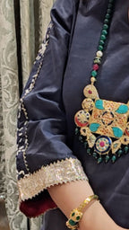 Dark Blue Denim Plain Shirt With Hand Embroidered Bottom With Organza Dupatta