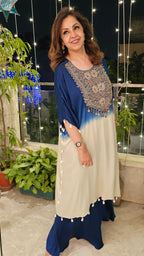 Blue Satin Shirt in Tie n Dye Yoke and Solid Color Bottom Embellished With Hand Embroidery Elaborate Neck