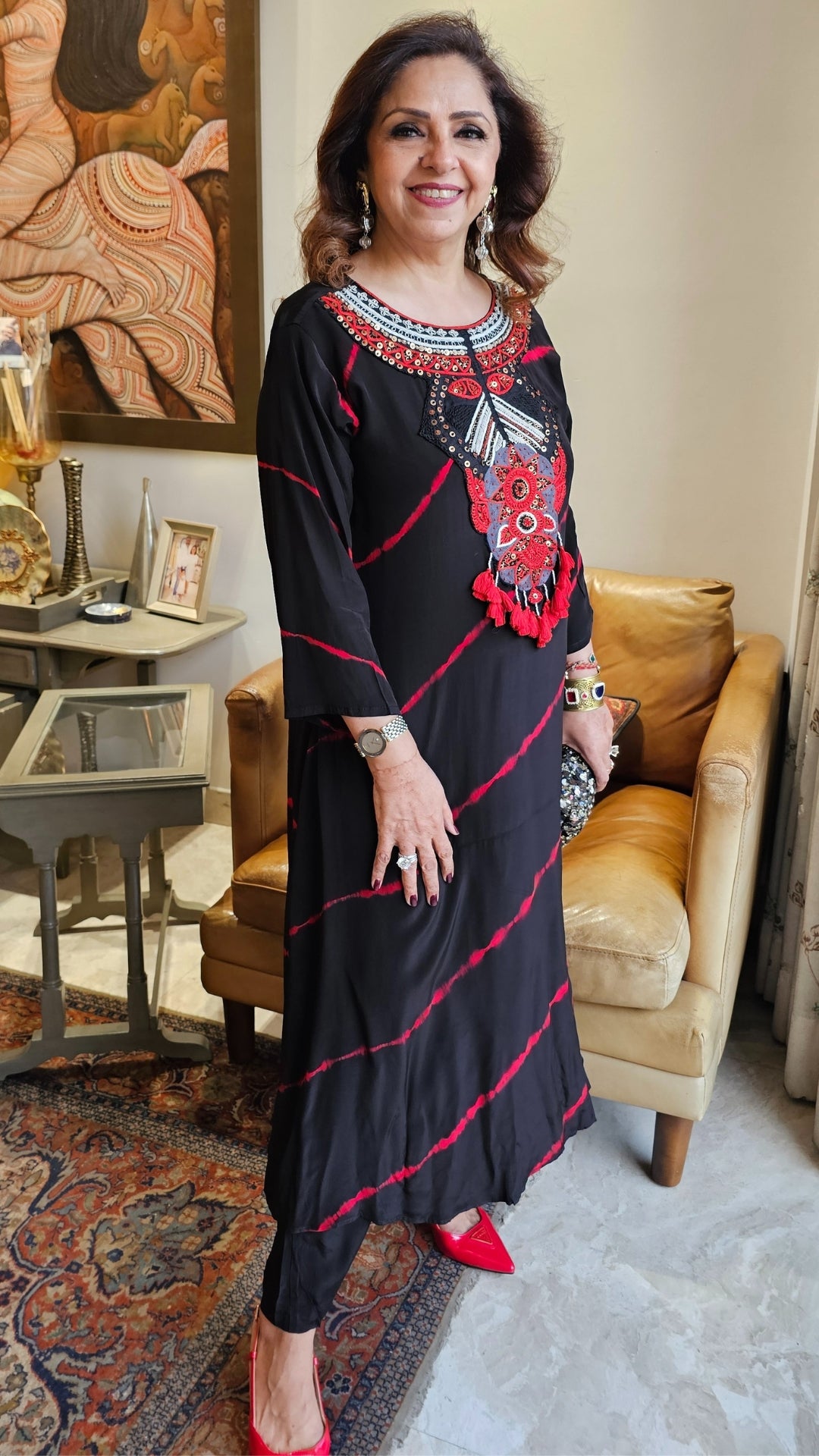 A Beautiful Crepe Silk Tie and Dye Dress With Hand Embroidered Neck