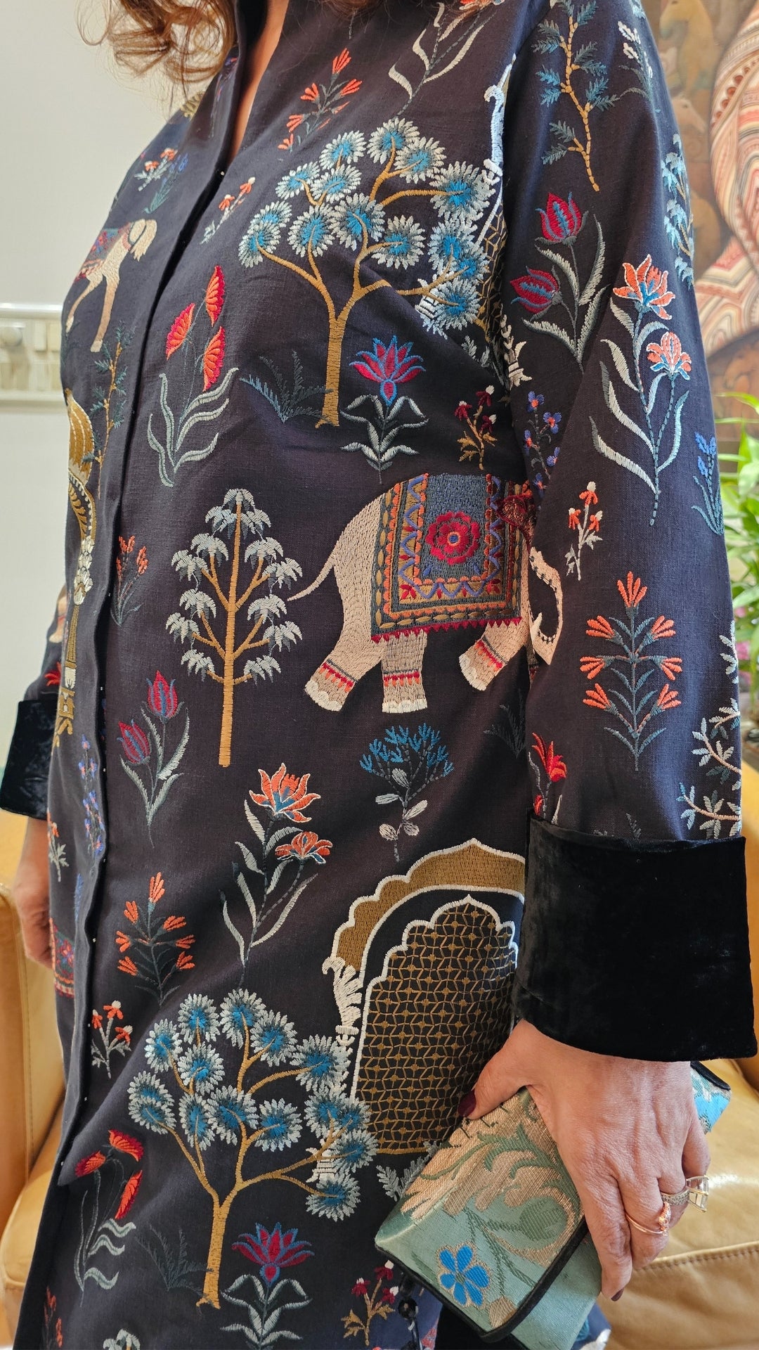 A Beautiful Silk linen Achkan With Pencil Pants Trimmed With Velvet