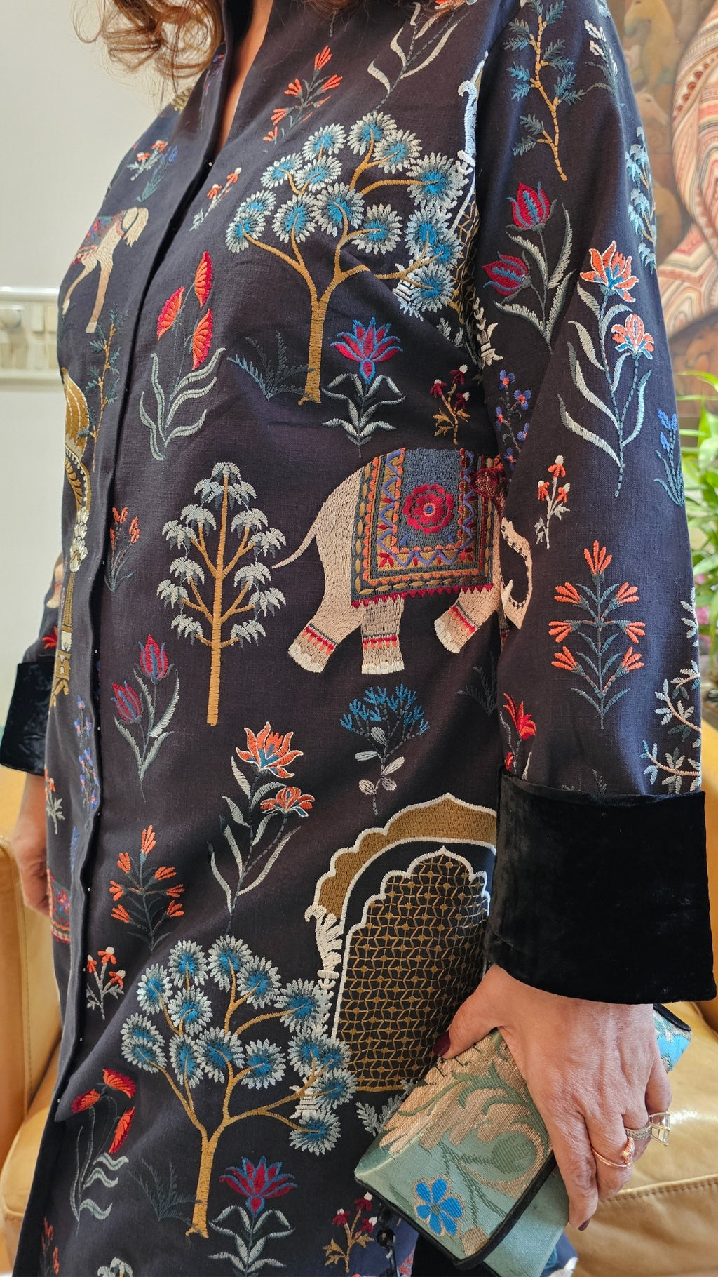 A Beautiful Silk linen Achkan With Pencil Pants Trimmed With Velvet