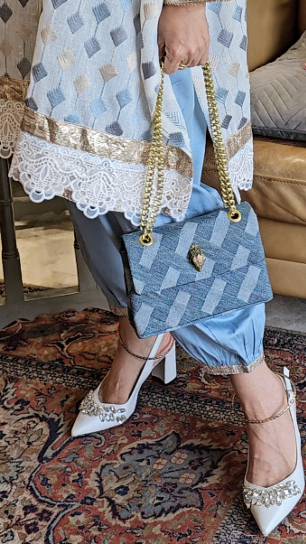 Blue and Ivory Linen Embroidered Top With Silk Cotton Afghani Pants