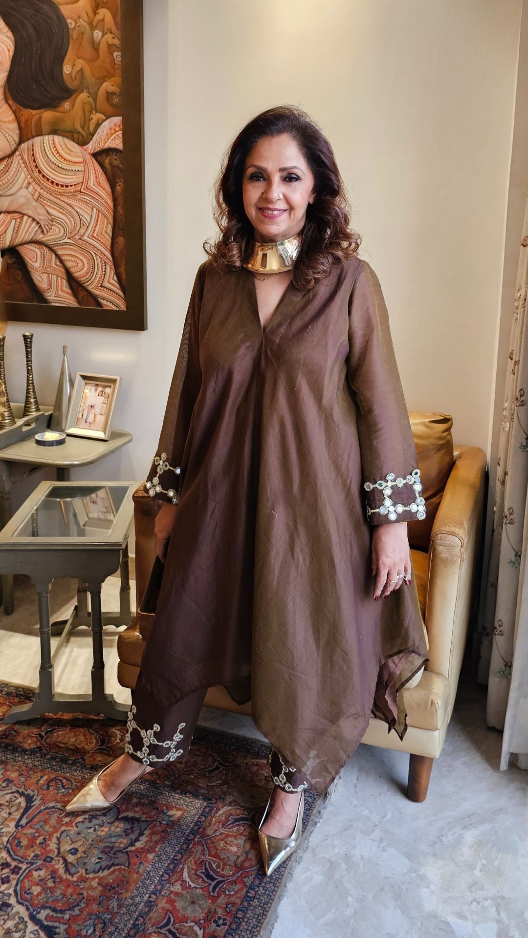 Brown Linen Shirt and Pants With a Mirror Work Cape