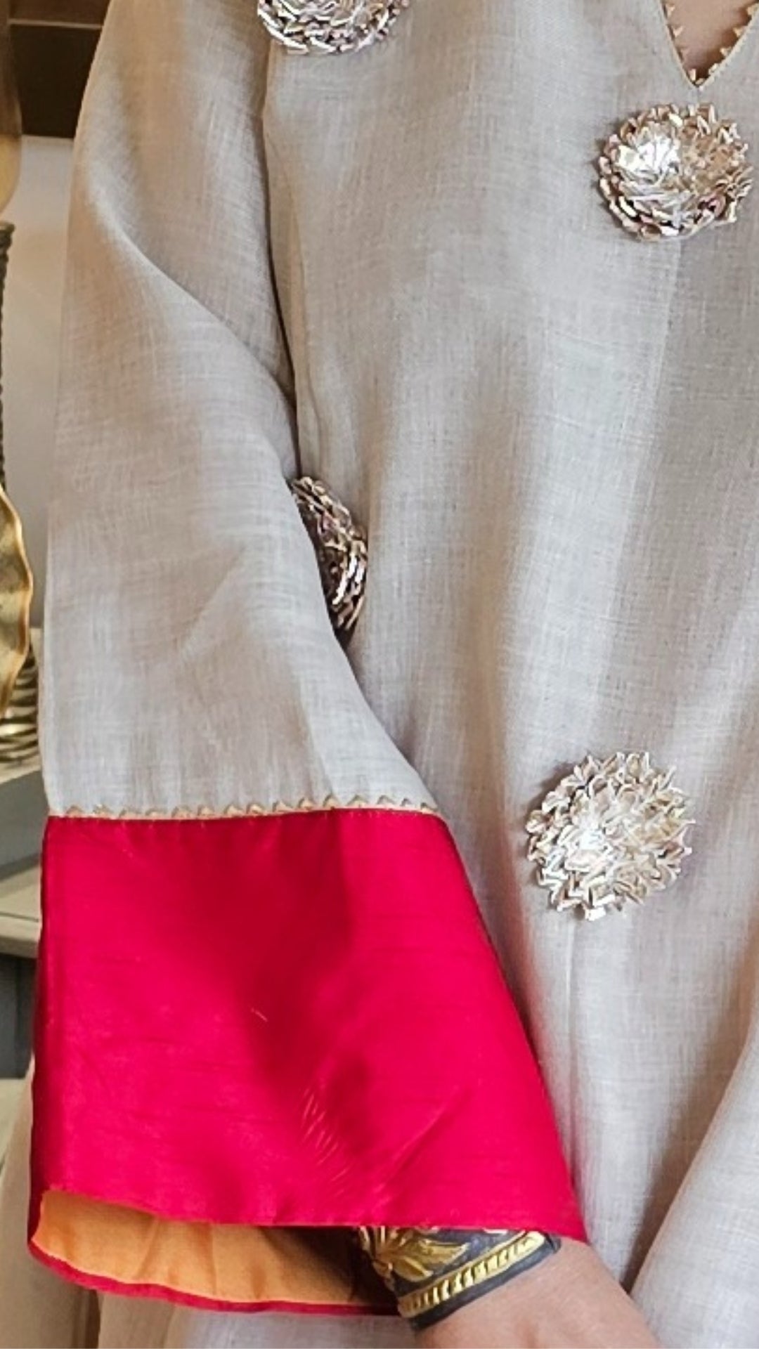 Light beige Chanderi Silk Top With Patch Work and Orange Bottom