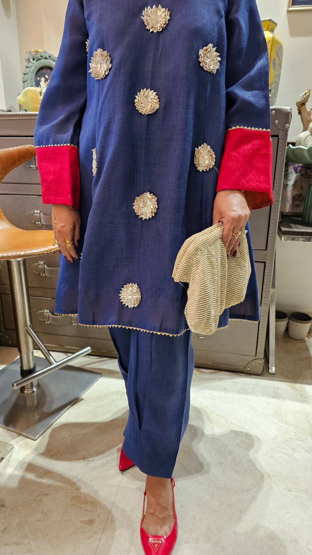 Navy Blue Linen Co-ord Set With Gota Flower Work