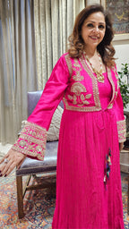 A Beautiful Fuchsia Silk Jacket Outfit With Heavy Hand Embroidery on it and With Wrinkled Silk Top and Bottom