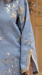 Ice Blue Linen Kaftan Maxi Dress in Gold Embroidered