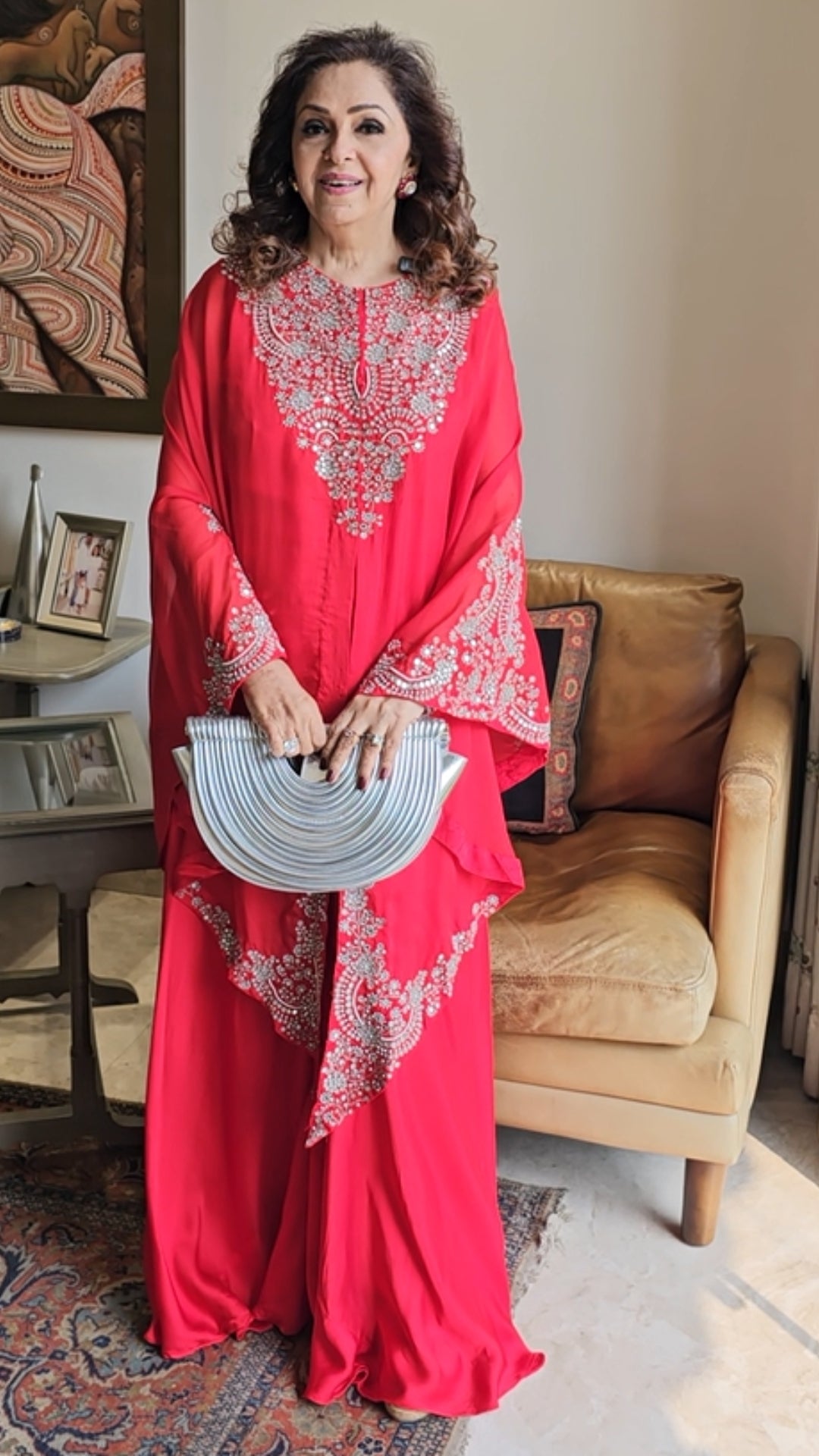 Beautiful Red 3 piece set with hand embroidered, mirror & thread work organza cape, Satin top and bottom