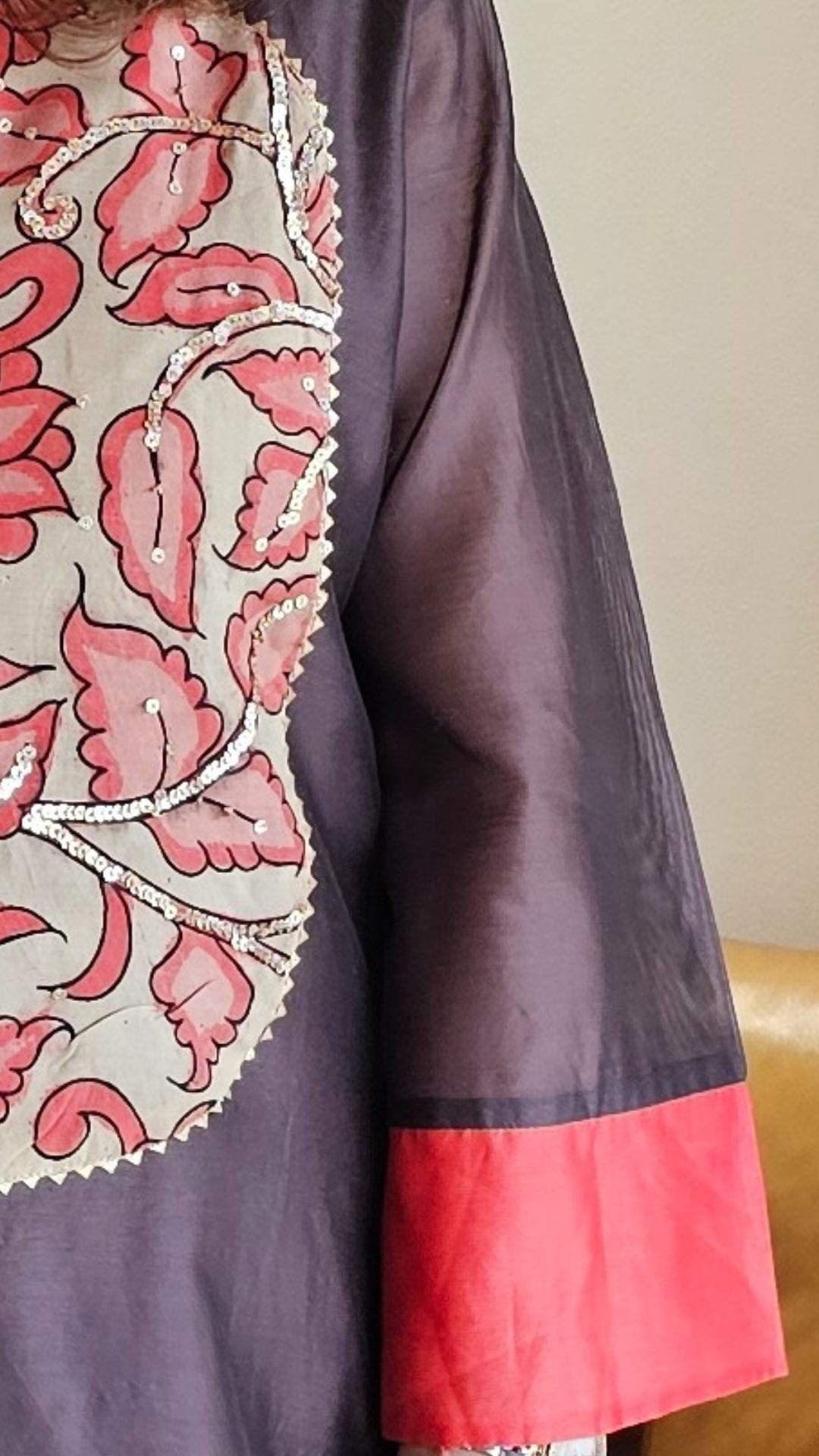 Black N Red Chanderi Silk One Piece With Hand Painted and Kalamkari Embroidered Work