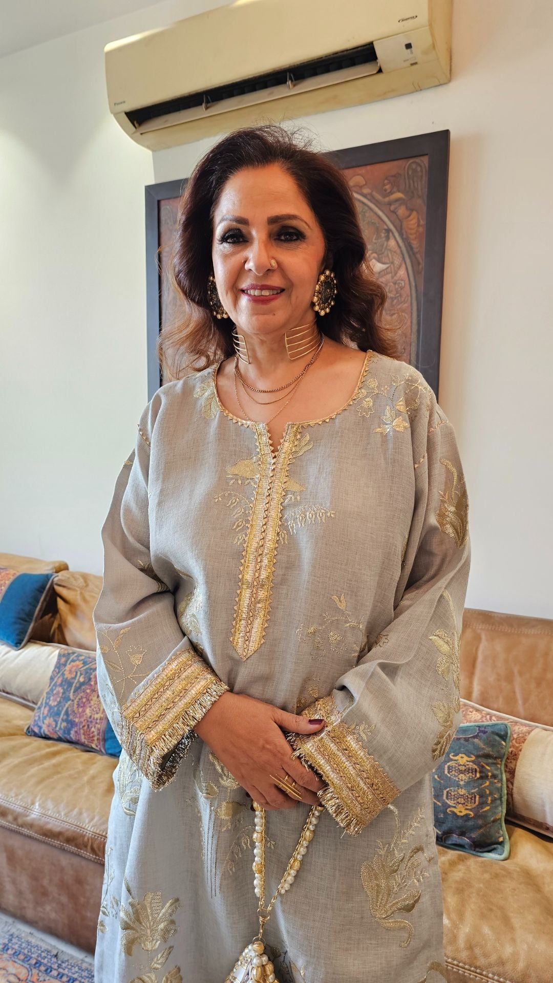 Grey Linen Embroidered Top With Linen Bottom