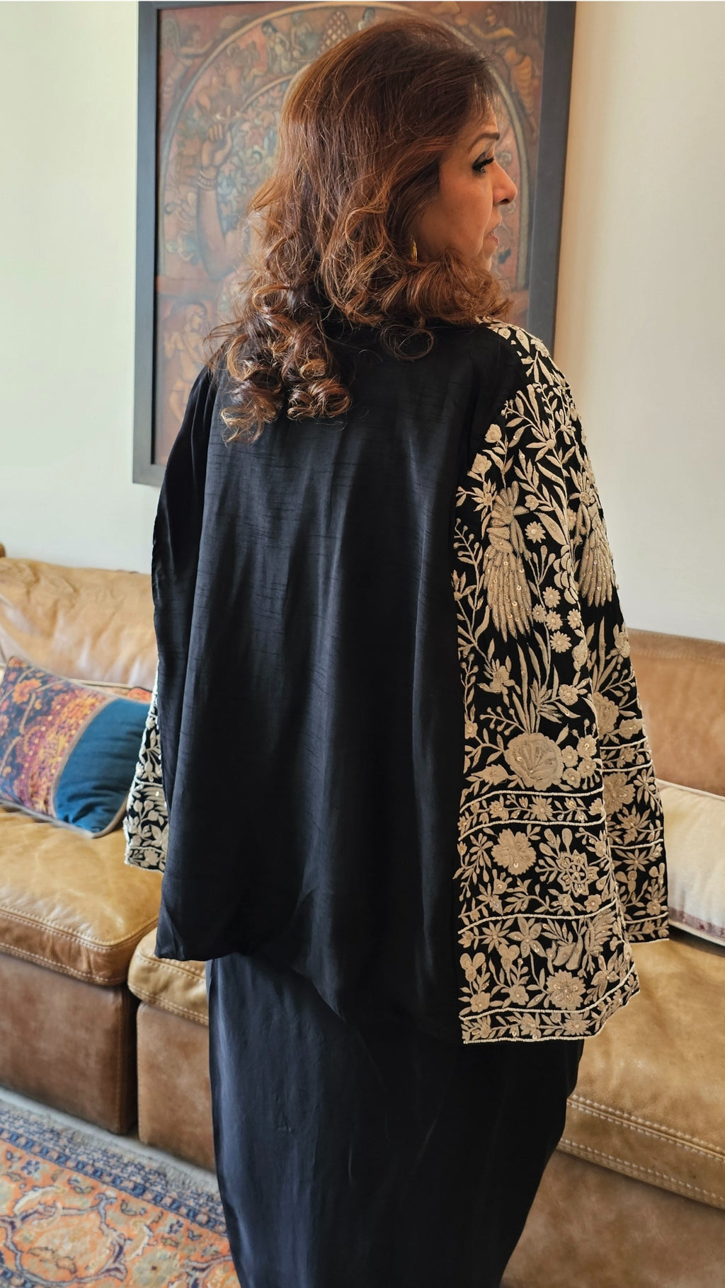 Adorable Black Silk Parsi Hand embroidery with hand embroidered Bead work cape with satin Drape Skirt