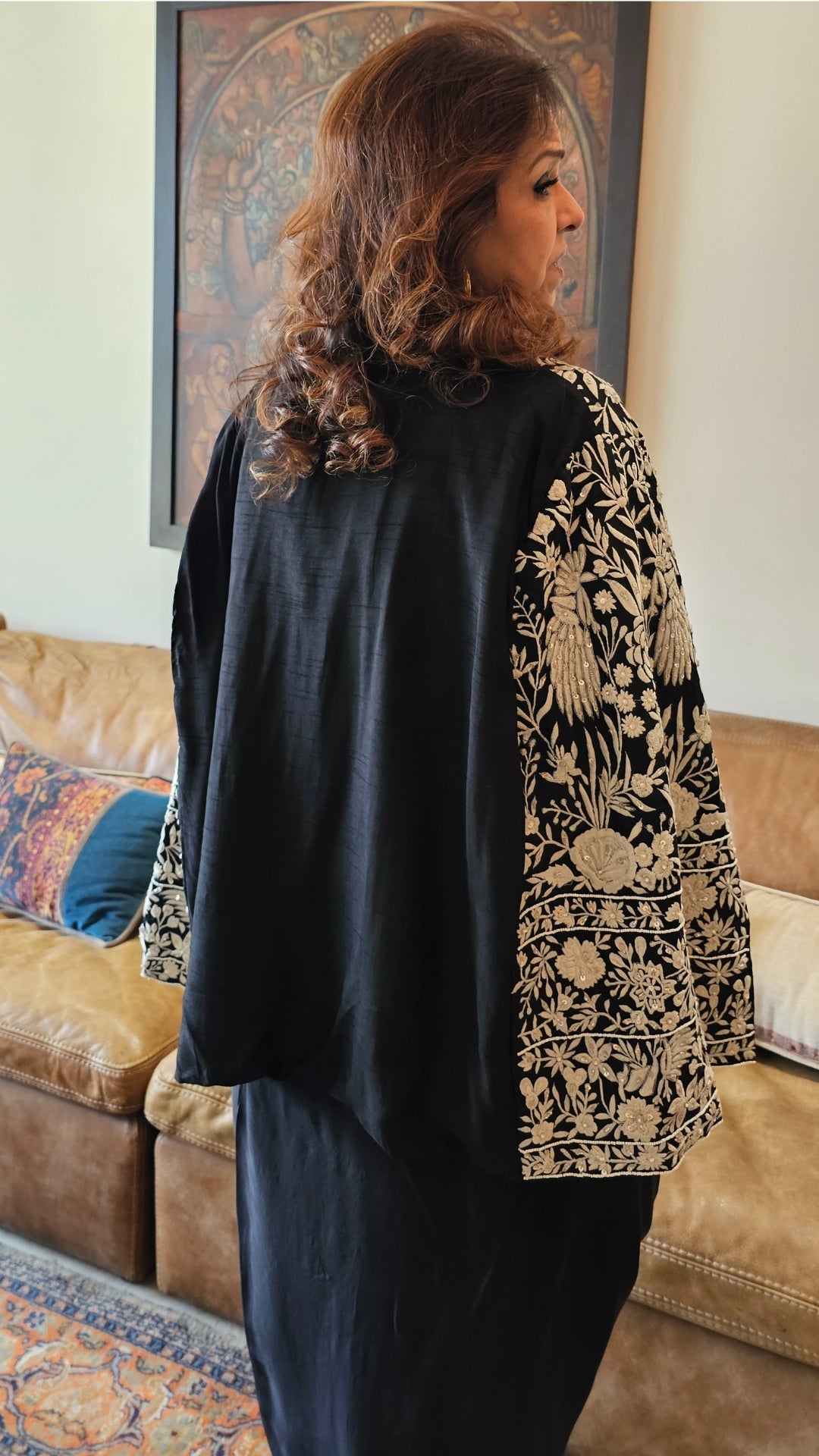 Adorable Black Silk Parsi Hand embroidery with hand embroidered Bead work cape with satin Drape Skirt