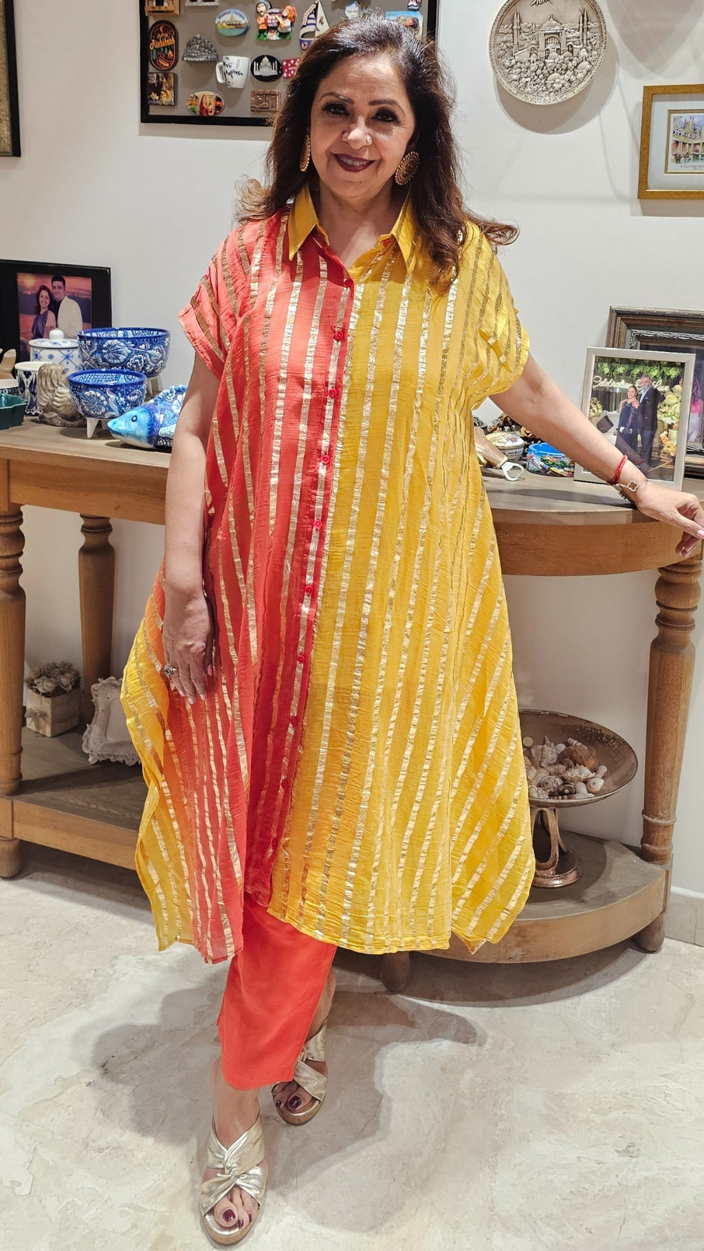 Beautiful Dual Color Mal Chanderi Golden Striped Three Piece Outfit