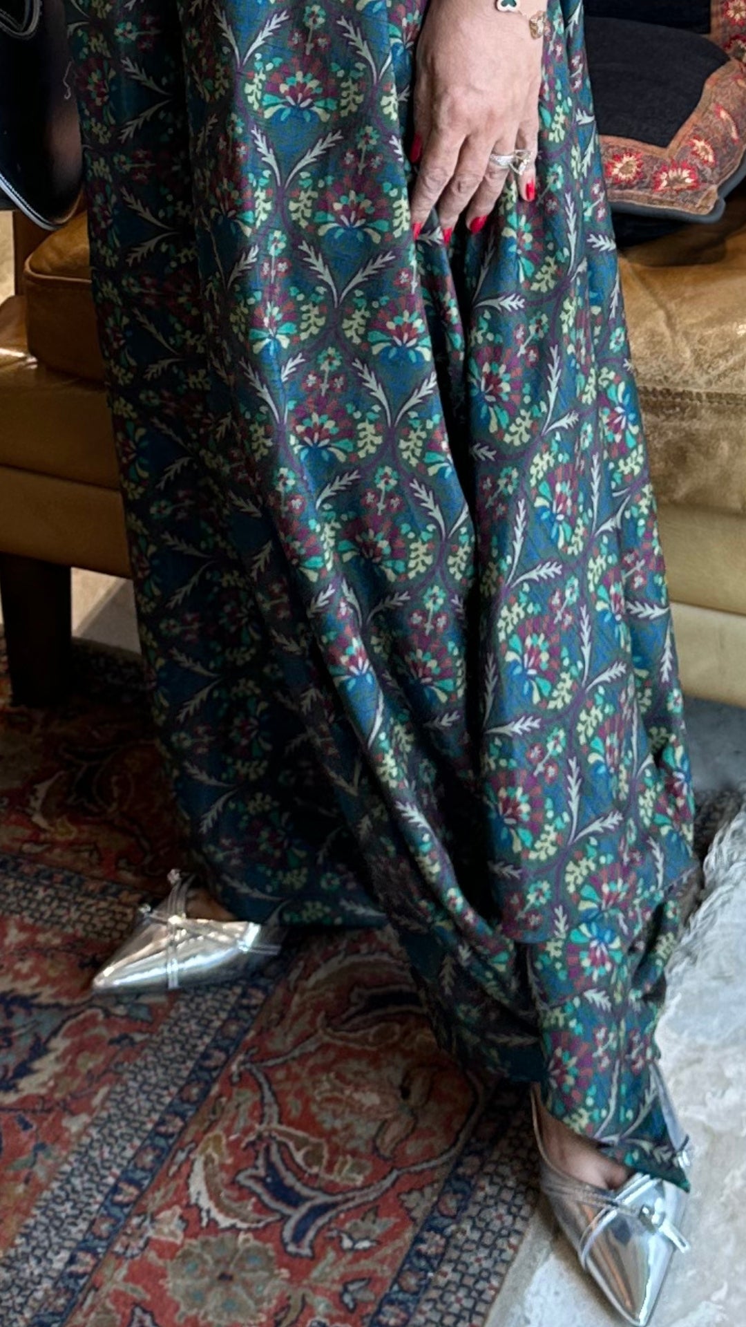 Silver Silk Top With Print Drape Bottom With Embroidered Work