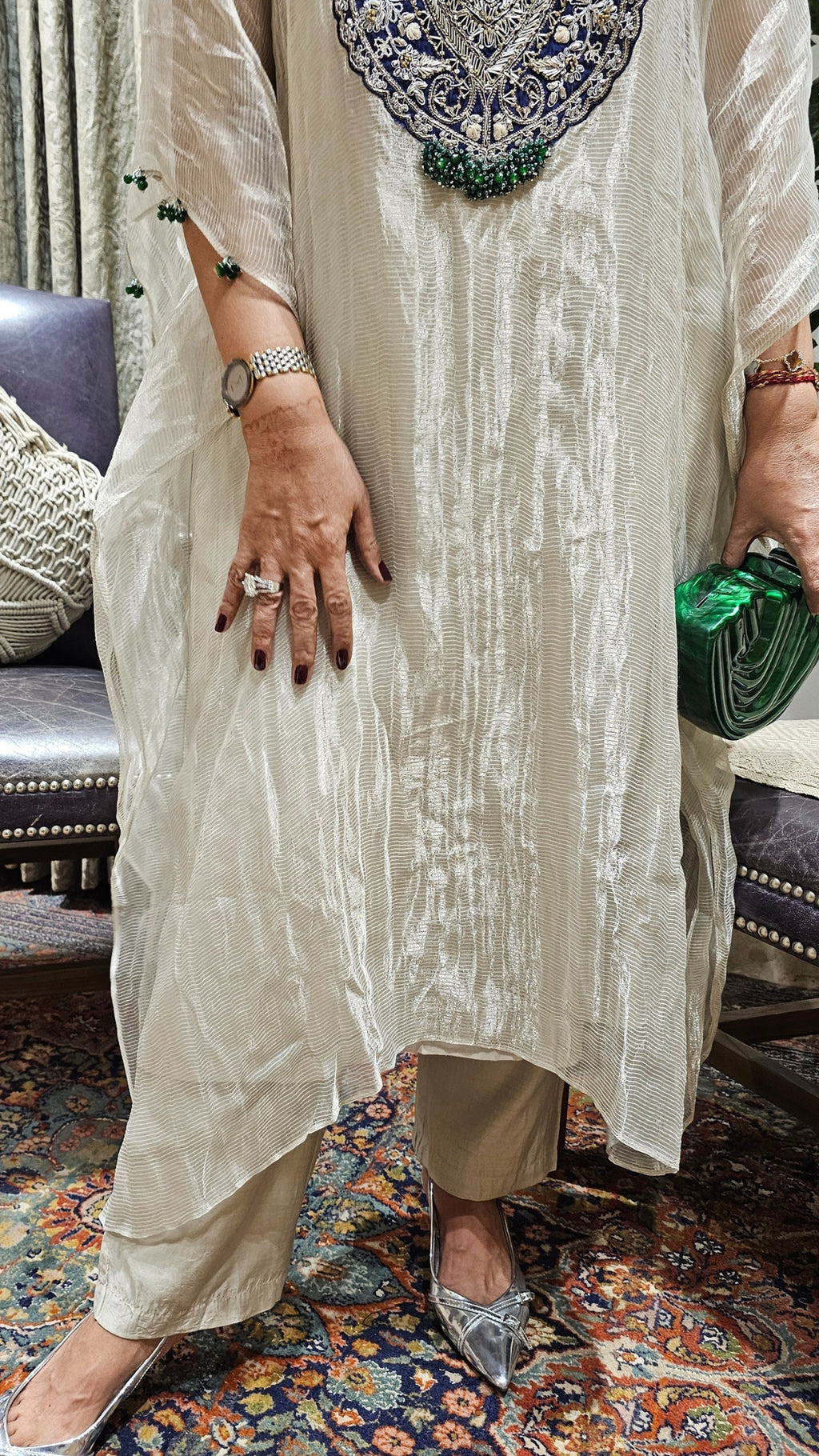 Hand Embroidered Silk Tissue Set with with Sui-ka-Kaam Dabka and Zardozi Cape