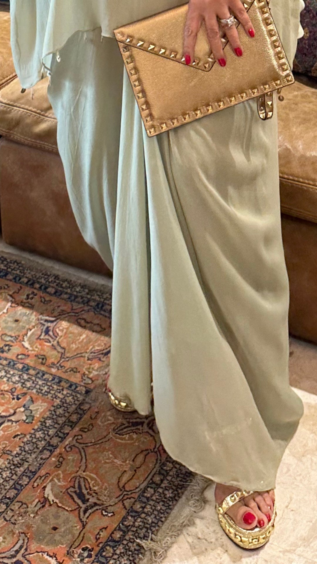 Beautiful Sage Green Georgette Hand Embroidered Top With Drape Skirt