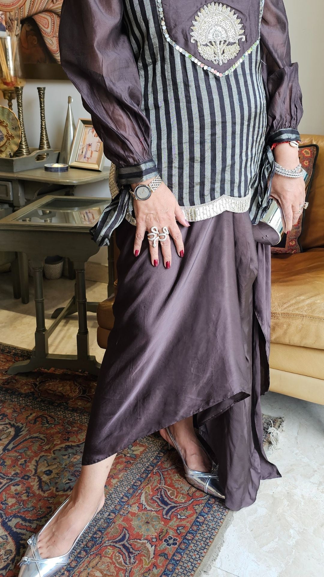 Dark Purple Silk Tissue Top with Hand Embroidered Zardosi Motif and Satin Drape Skirt