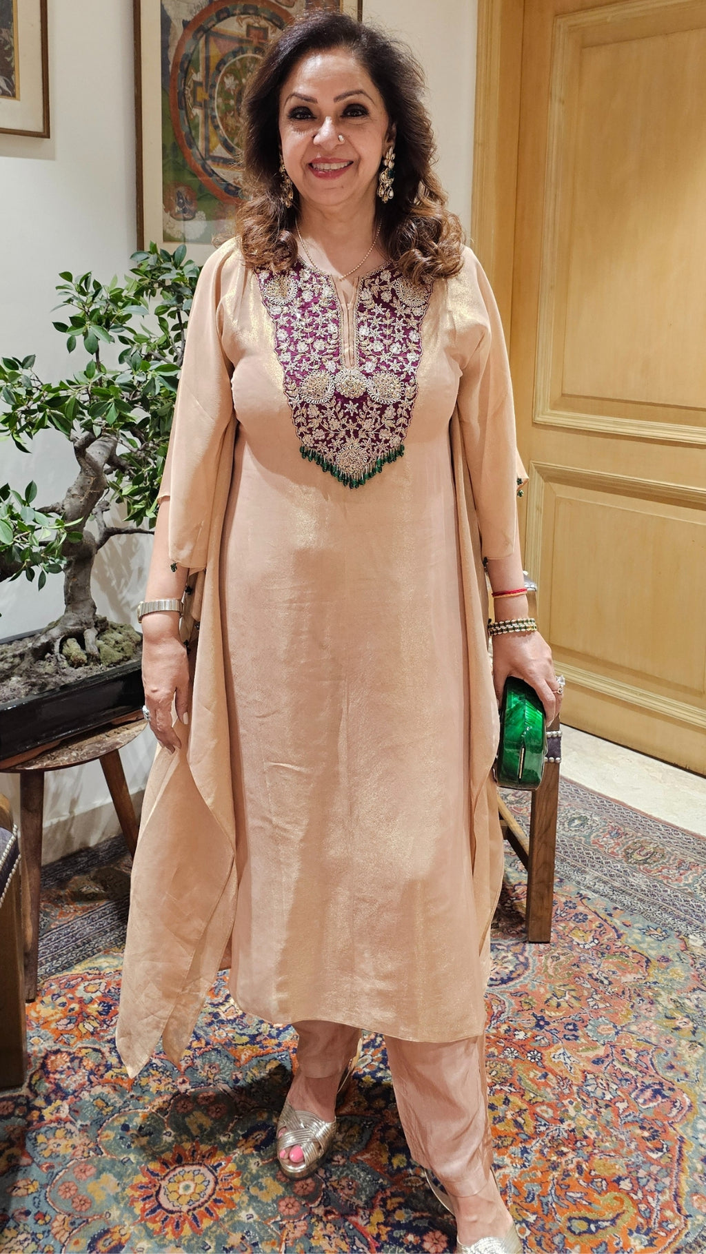 Beautiful Tissue Kaftan With Hand Embroidered Neck in Zardozi, Dabka & Moti Work