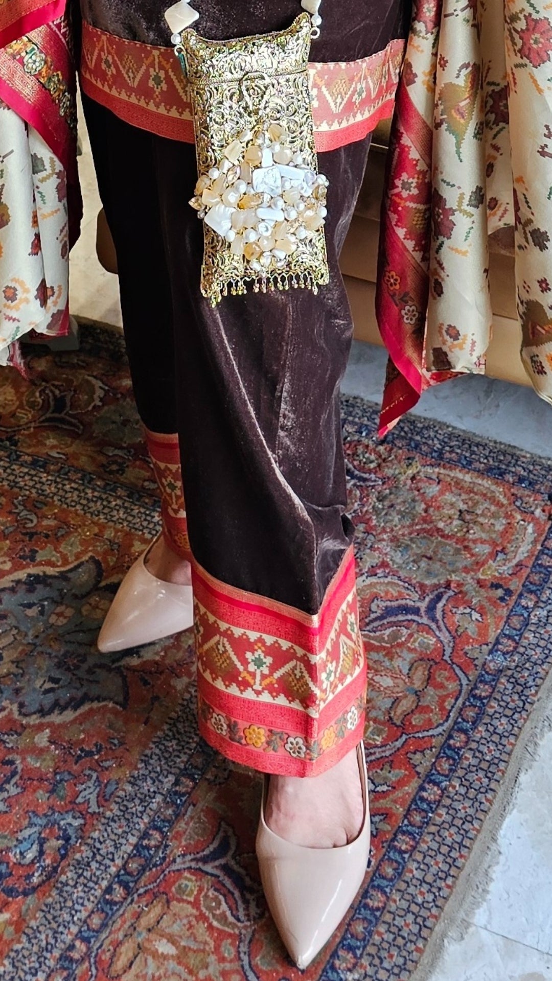 Brown Velvet With Silk Cape Co-ord Set With Embellished Work