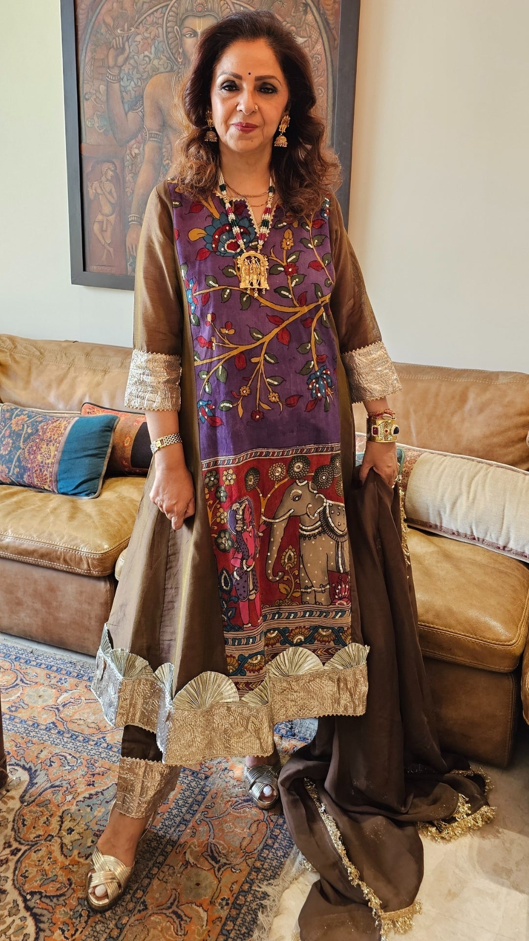 Purple Chanderi Silk Kurta With Pure Hand Painted Kalamkari and Hand Embroidered and Dupatta
