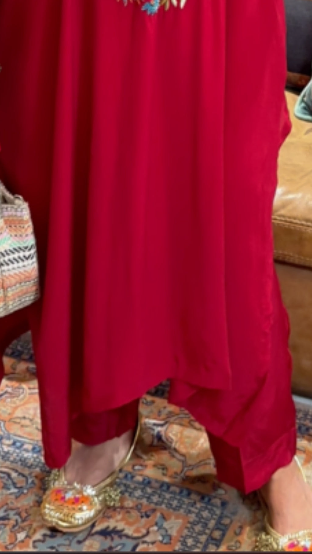 Red Comfortable and Elegant Crepe Outfit With Fusion Multicoloured Embroidery Top With Pockets Teamed With Smart Pants