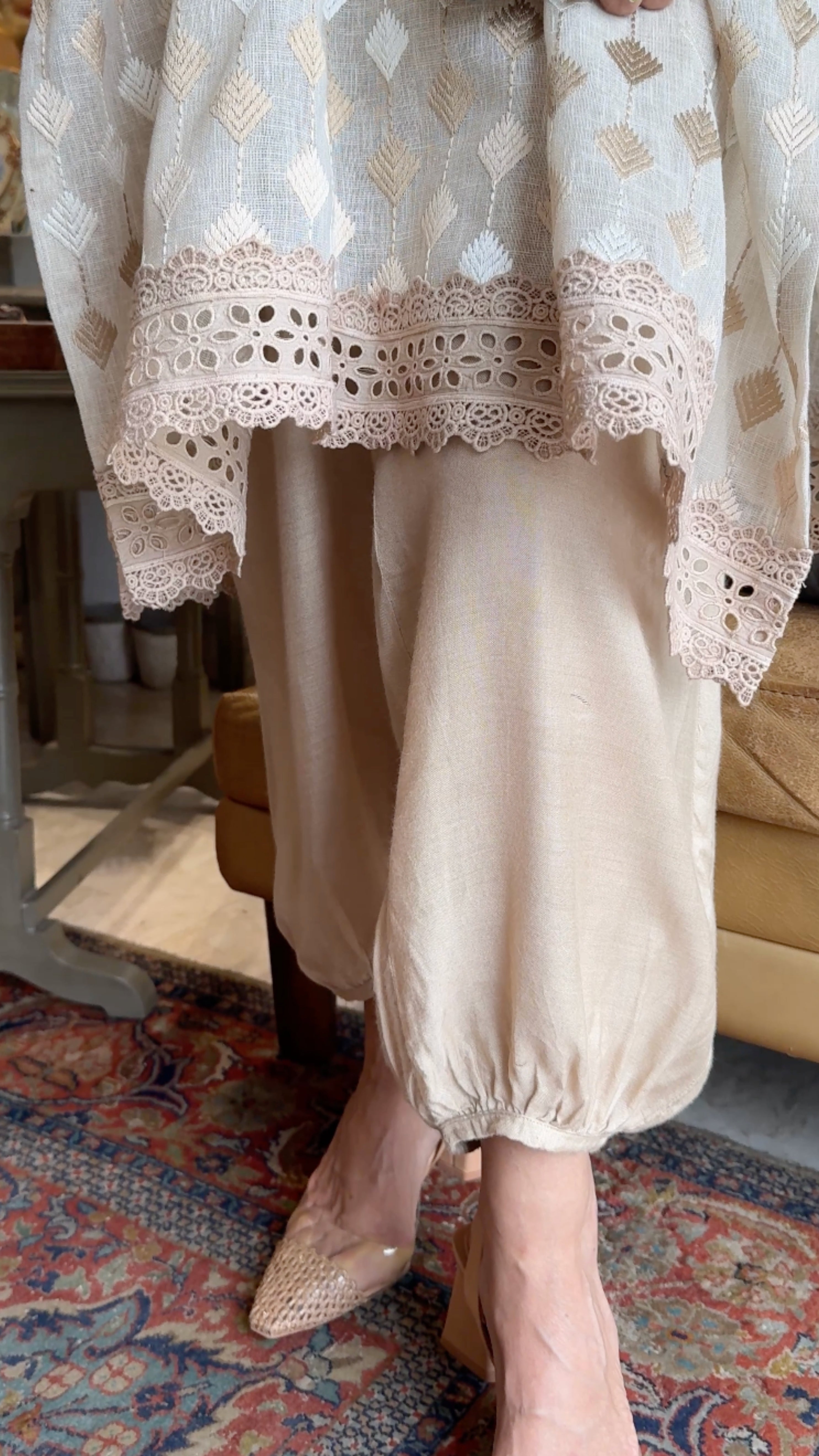 Ivory Linen Embroidered Top With Silk Cotton Afghani Pants