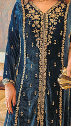 Gorgeous Plush Emerald Silk Velvet Top and Bottom with Hand Embroidery, Dabka work with Tissue Dupatta