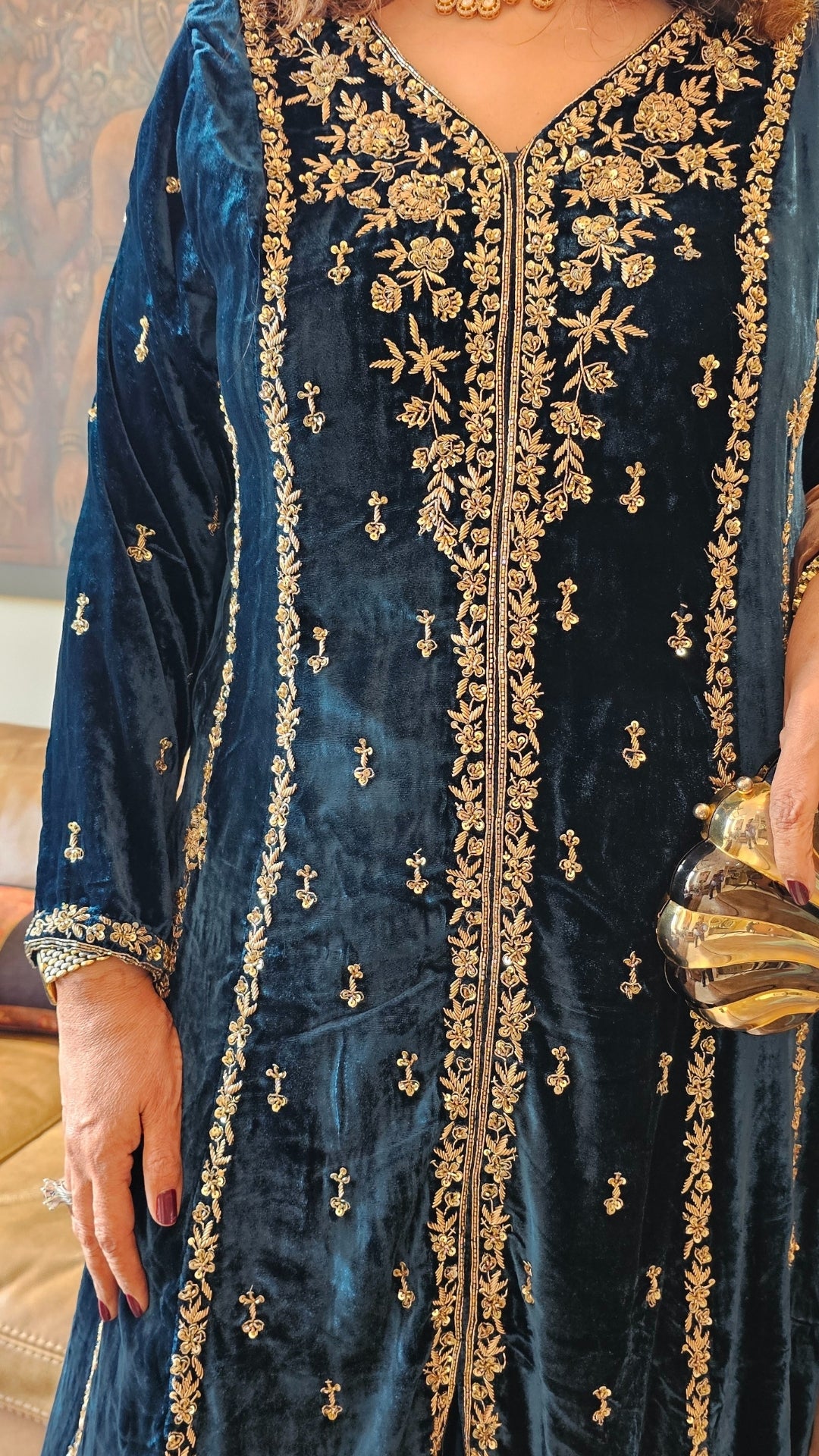 Gorgeous Plush Emerald Silk Velvet Top and Bottom with Hand Embroidery, Dabka work with Tissue Dupatta