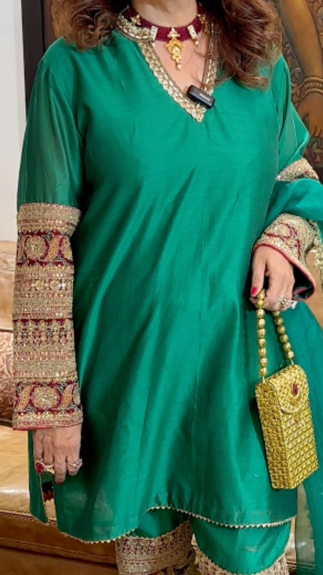 Green Chanderi Top and Bottom with Embroiderey and chiken Kari Dupatta Work
