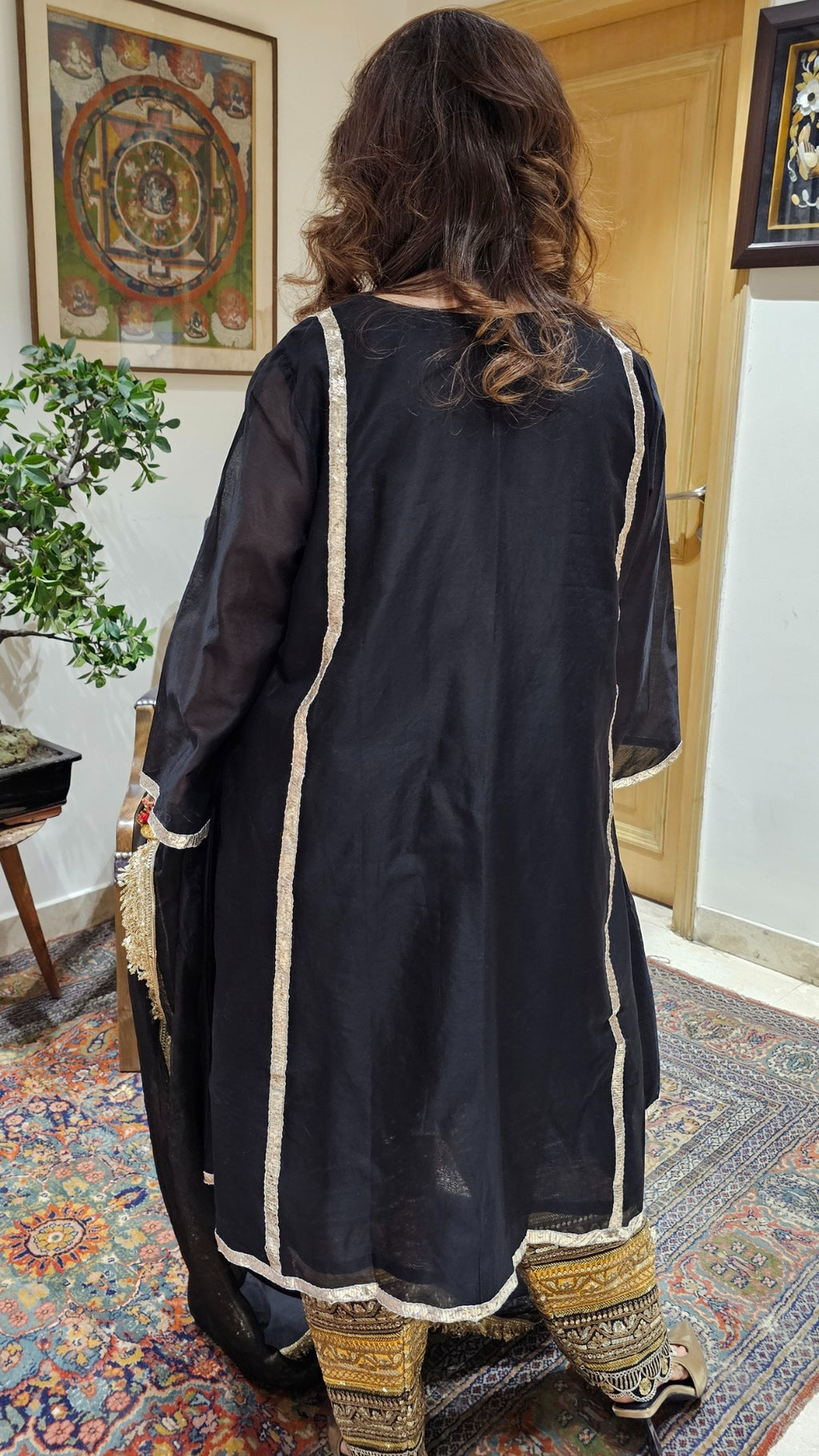 Black Chanderi Silk Top with Embroidered Work Bottom with Organza Dupatta