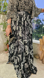 A Beautiful Black and White Chinon Outfit With Heavy Hand Embroidered Jacket and Blouse and With Chinon Printed Bottom